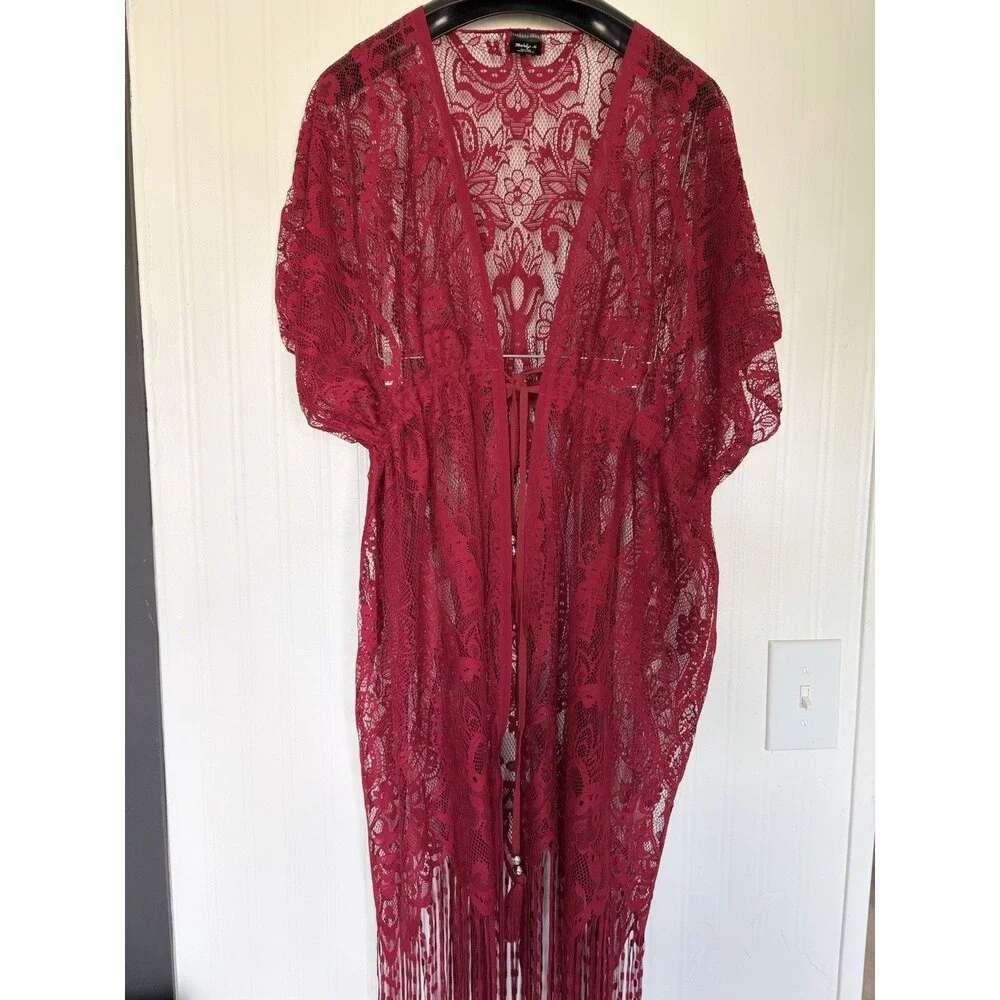 Crimson Red Sheer Lace Kimono Robe / Duster Cover Up